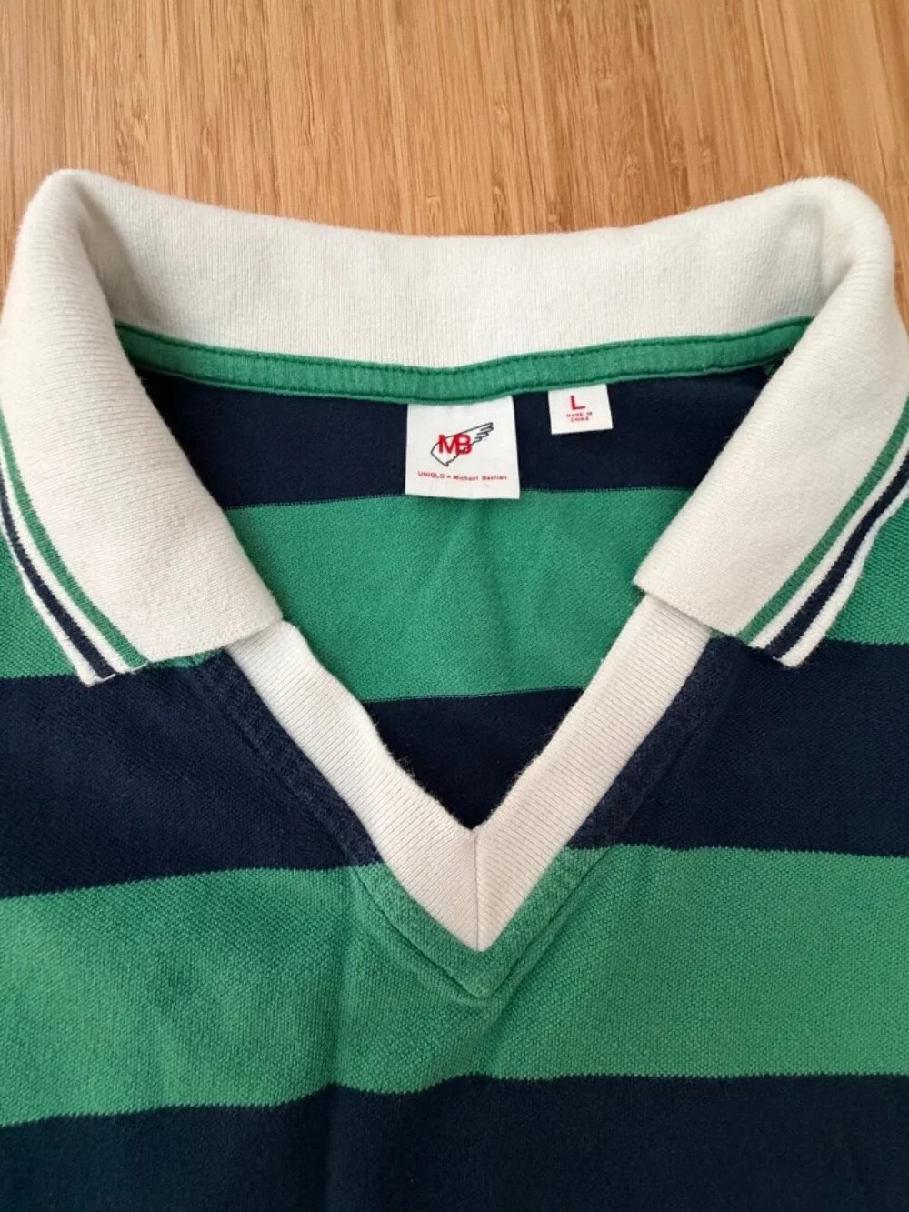 Uniqlo x Michael Bastian Mens Striped Polo L Green Navy V-Neck Cotton